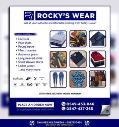 the advertisement for rocky's wear is shown in blue, white and grey colors