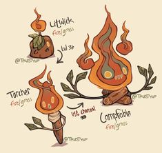 the different types of campfires are shown in this cartoon style, and each has their own name on it