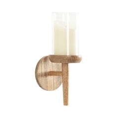 a wooden candle holder with two candles on it