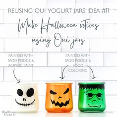 three halloween jars with instructions to make them