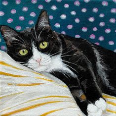 a painting of a black and white cat laying on top of a bed covered in blankets