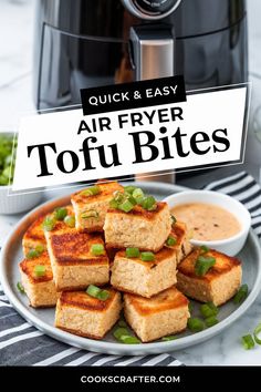 air fryer tofu bites stacked on a plate with text overlay