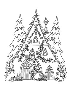 a drawing of a house in the woods with trees and snowflakes on it