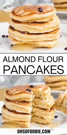 Text reads Almond Flour Pancakes Almond Flour Pancake Recipe Easy, Healthy Almond Flour Pancakes Easy, Almond Flour Pancakes Easy Fluffy, Gluten Free Pancake Recipes, Best Almond Flour Pancakes, Fluffy Almond Flour Pancakes, Gf Df Pancake Recipe, Almond Flour Pancake Mix Recipe, Almond Flour Waffle Recipe Easy