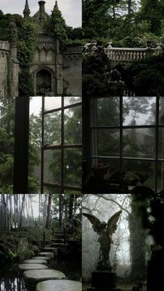 four different images of an old building with trees and bushes surrounding it, along with a stone path leading up to the entrance