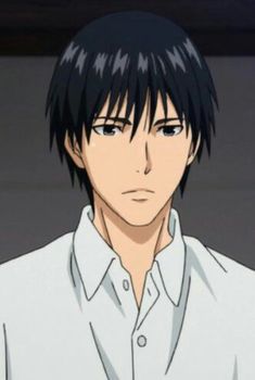 an anime character with black hair wearing a white shirt