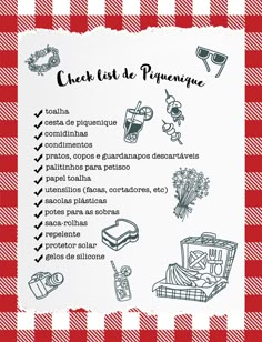 a red and white checkered table cloth with instructions on how to prepare for an event