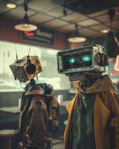 two robots are standing next to each other in front of a store window, one is wearing a yellow coat and the other has a green light on his head