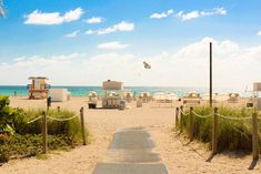 the beach is lined with chairs and umbrellas