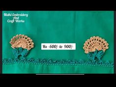 two pieces of crochet work on a green cloth with the words, milli schnitzererry and craft works