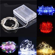 four different types of christmas lights in various shapes and sizes, all with white wire