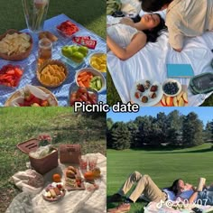 there are pictures of picnics in the park with food and drinks on the grass