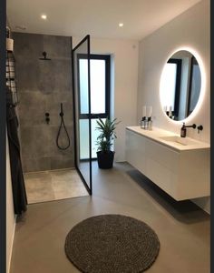 a bathroom with a large round rug in front of the sink and shower area, along with a potted plant on the floor