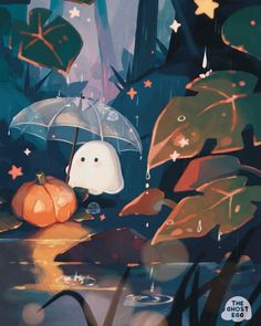 a painting of a person holding an umbrella in the rain with autumn leaves surrounding them