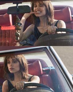 two pictures of a woman sitting in a car