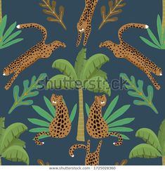 leopards and palm trees on a blue background