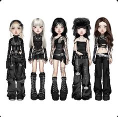 five dolls are standing next to each other in black outfits and boots, all wearing gothic clothing