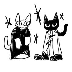 black and white drawing of two cats dressed up as batman and catwoman with stars in the background