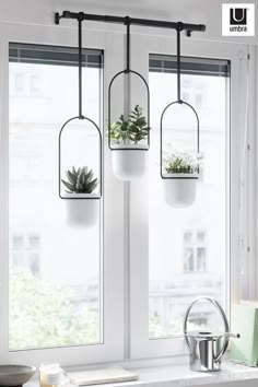 three hanging planters with plants in them on the windowsill