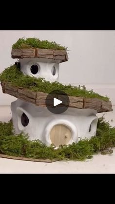 a white bird house with moss growing on it's roof and two holes in the roof