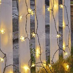 white flowers are lit up on the side of a fence in front of some grass