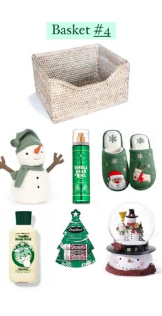 the contents of a basket for christmas and other holiday items, including shoes, soaps, hand sanitizers and more