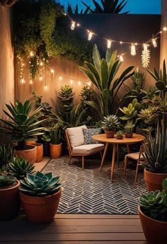 an outdoor patio with potted plants and string lights