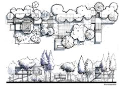 an architectural drawing of a house with trees and bushes in the foreground, along with other plans