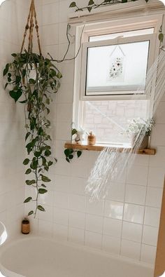 a white bath tub sitting under a window next to a potted plant and sink