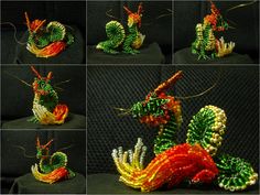 several images of different types of dragon made out of beaded wire and yarns