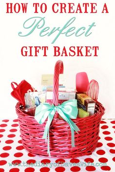 a red basket filled with lots of items on top of a polka dot table cloth