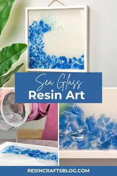 blue and white art work with text overlay that reads sea glass resin art