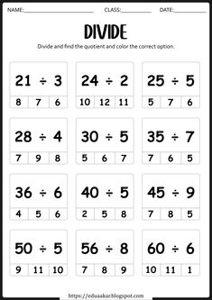 a printable worksheet for dividing numbers from 1 to 10 with the same number