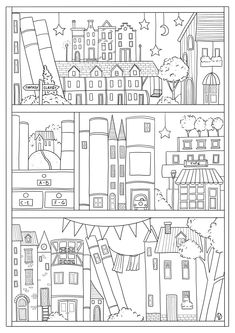 a coloring book page with buildings and trees