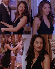 four different pictures of people in formal wear and one woman wearing a dress with her arms crossed