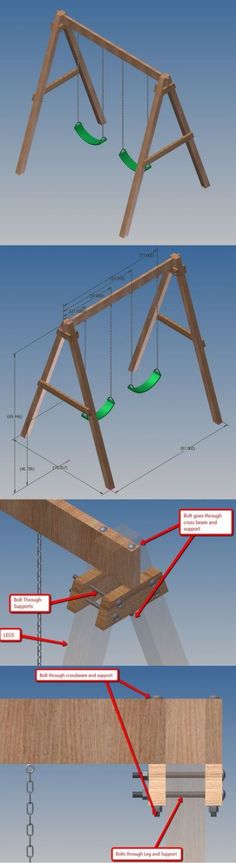 three different views of a wooden swing set