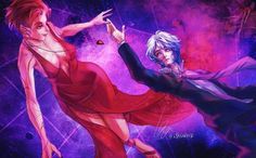 two anime characters are dancing in the air with their arms outstretched and one is wearing a red dress