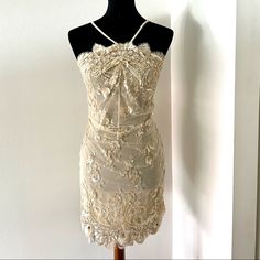 Stunning And Elegant Bridal Cocktail Dress By Collette Dinnigan Paris. Brand-New And Never Worn. From A Client’s Archives. Fully Lined In Silk With Hand Made Lace Trim On Lining Hem. Hand Beaded And Embroidered. This Is An Exquisite One Of A Kind Piece As You Can See From The Original Price. Couture Line From The Catwalk In Paris. Vintage And Collectible. Halter Straps Are Sequinned. Invisible Back Zip. Will Fit Bust To 34c. Waist To 26” And Hips To 36”. Please Message Me If You Have Any Questio Party Mini Dress With Lace Work, Sleeveless Wedding Mini Dress With Beaded Straps, Wedding Sleeveless Mini Dress With Beaded Straps, Evening Mini Dress With Lace Work, Spring Embellished Lace Evening Dress, Lace Sequin Dress For Banquet, Glamorous Embellished Lace Dress For Gala, Glamorous Lace Dress With Lace Work, Mini Length Lace Work Dress For Party