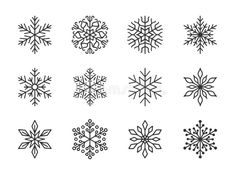 twelve snowflakes are shown in black and white