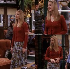 two women in red sweaters and floral skirt talking to each other on the set of friends