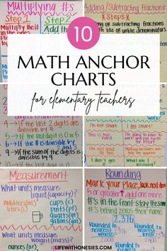 the top ten math anchor chart for elementary students with text overlaying them in different colors