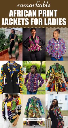 Ankara jackets are super trendy now in Western culture! It used to be a bit strange to wear African prints, but not anymore – everyone loves them. Check out these cool ankara jacket styles for ladies - so many cute options! From short jackets to blazers, trousers, and even sweater styles. You can find ankara suit jackets, stylish designs, and long jackets with African prints - they're all so pretty! Ankara Jacket Styles, African Outfits, Ankara Designs