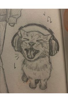 a drawing of a cat with headphones on