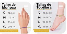 a pair of hands with bracelets on each side and the words talas de tobillera written in spanish