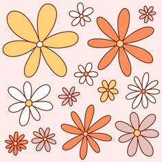 a bunch of flowers that are on a pink background with white and orange petals in the middle