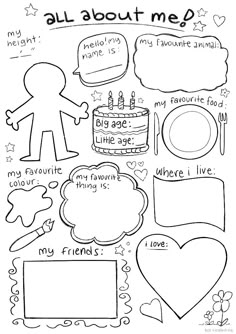 an all about me coloring page with lots of different things to write and draw on it