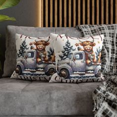 two decorative pillows on a couch in front of a plant