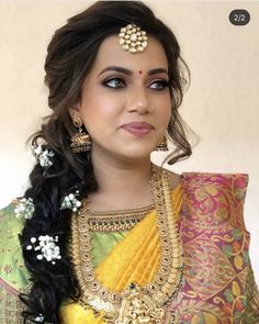 Side Braid Hairstyles Indian Wedding, Side Braid Hairstyles For Saree, Side Hairstyles Wedding Indian, Front Hairdo Wedding Hairstyles, Venni Hairstyles, Messy Plates Hairstyle Indian, Messy Plates Hairstyle, Hair Styles For Engagement Brides Indian, Jaago Night Hairstyle