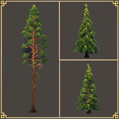 four different types of trees in various stages of being pixeled and edited to make it look like they have been made out of legos