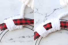 two pictures of the same item on a marble surface, one with a red and black plaid ribbon attached to it